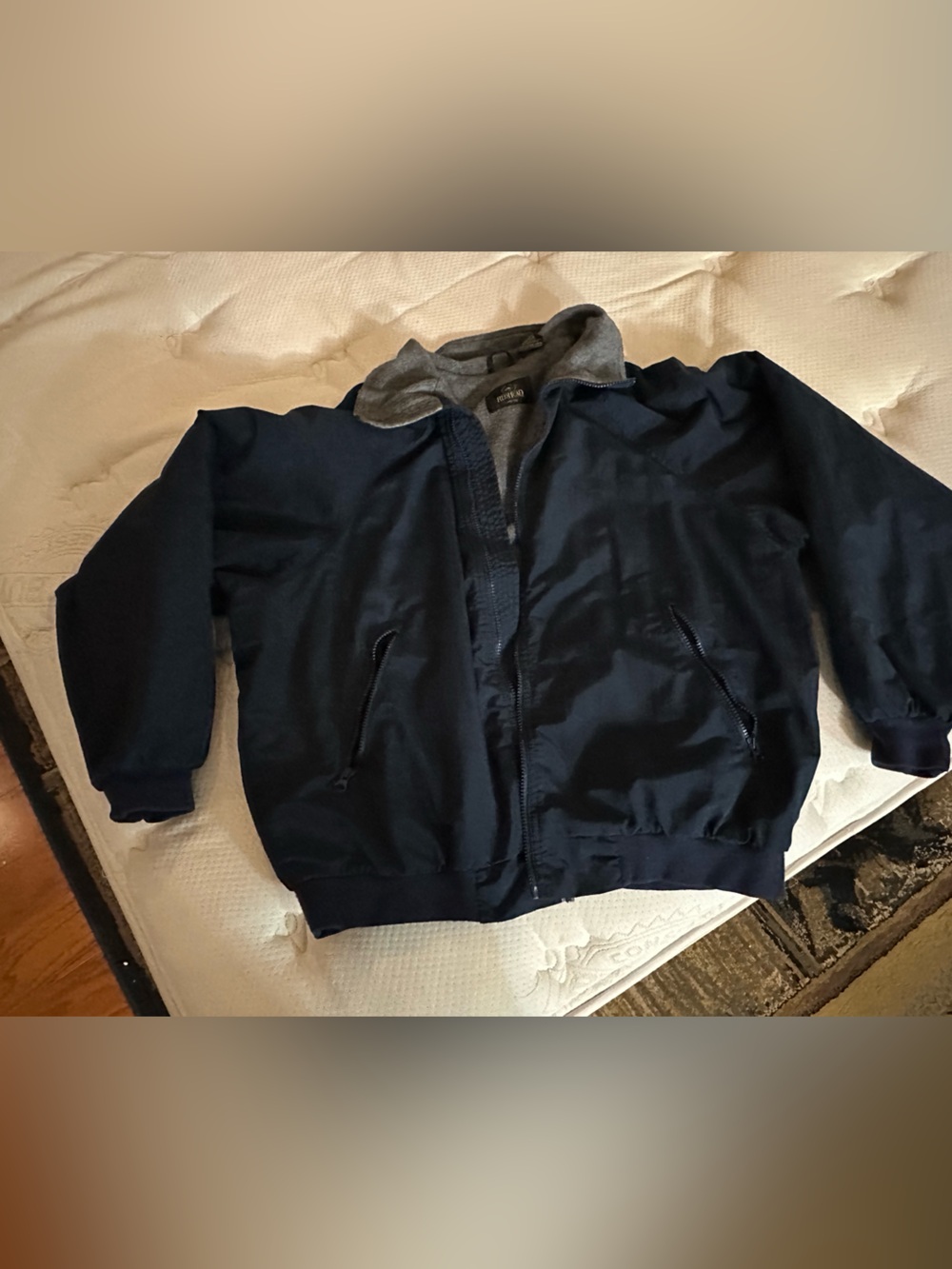 Redhead brand Navy Bomber Jacket with Heather Gray hood.